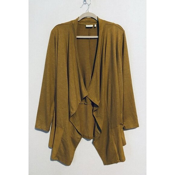 LOGO Lori Goldstein Cardigan Womens 1X Brown French Terry Faux Suede Pockets - Picture 1 of 7